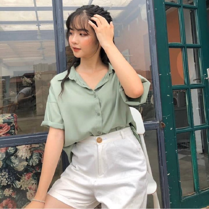 Áo Sơ Mi Đũi Tay Ngắn form rộng dáng đuôi tôm