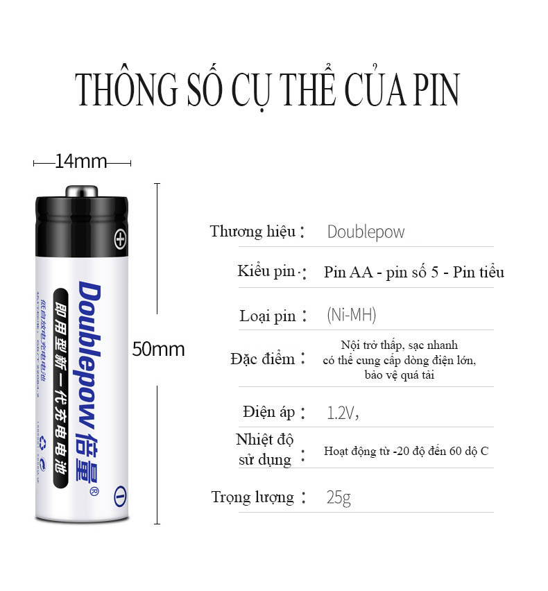 [Hộp 4 viên] Pin sạc AA 3200mAh Doublepow - chuyên dùng Micro, KTV- (màu cam)
