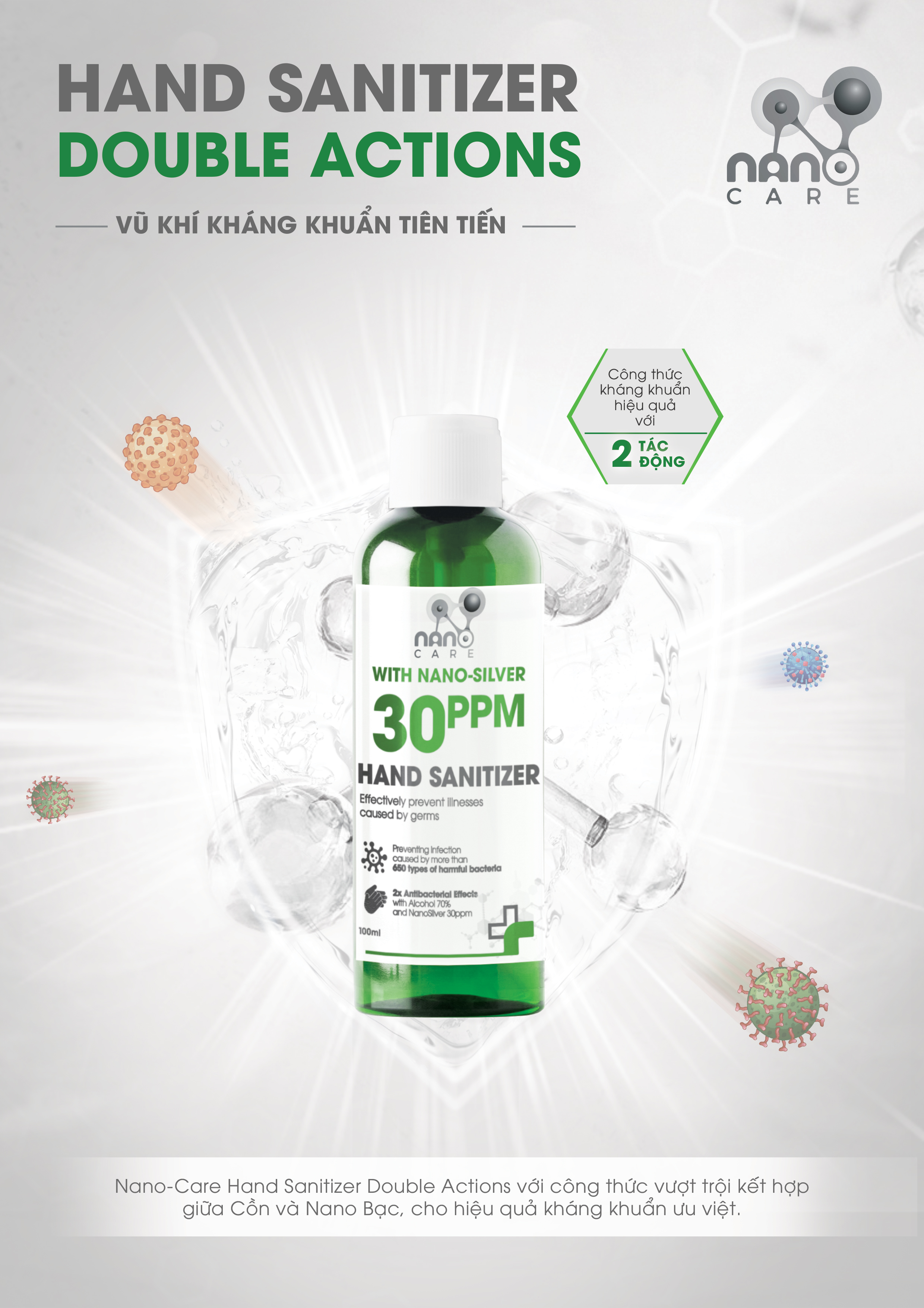 [HCM]Gel rửa tay khô Nano-Care Double Actions (với thành phần nano bạc)