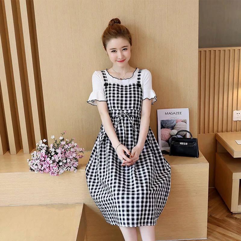 Váy Bầu Kẻ Giả Yếm Tay Loe Thời Trang
