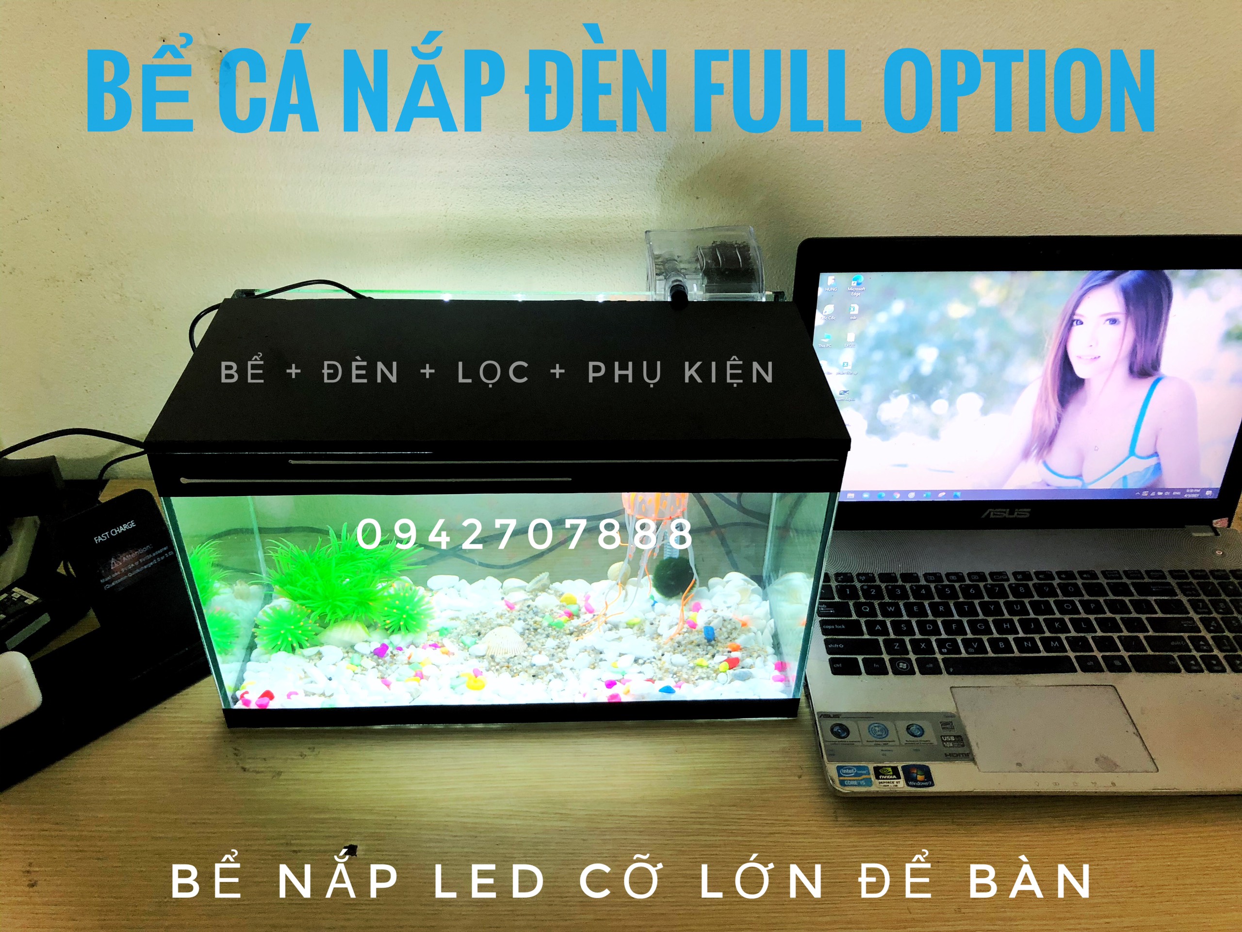 Set bể cá mini có lọc kèm nắp đèn và 8 món( bể, lọc, cây, sỏi màu, vỏ sò biển, nắp đèn led, ,sứa silicon ,thức ăn cá)