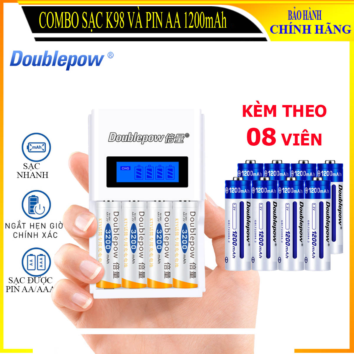 Combo sạc pin thông minh tự ngắt DP-K98B và 8 viên pin AA 1200mAh (dung lượng thực)-