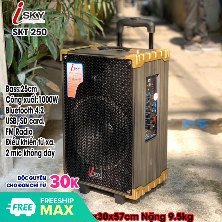 Loa kéo di động - Loa kéo Karaoke - Loa kéo giá rẻ - Loa kéo đa năng cỡ lớn cao cấp công suất 1000W Isky SKT-250 Siêu bass 25cm ( 2.5 tấc ) công nghệ bluetooth 4.2 âm thanh 3D Hifi hát karaoke tặng kèm 2 Mic không dây xịn