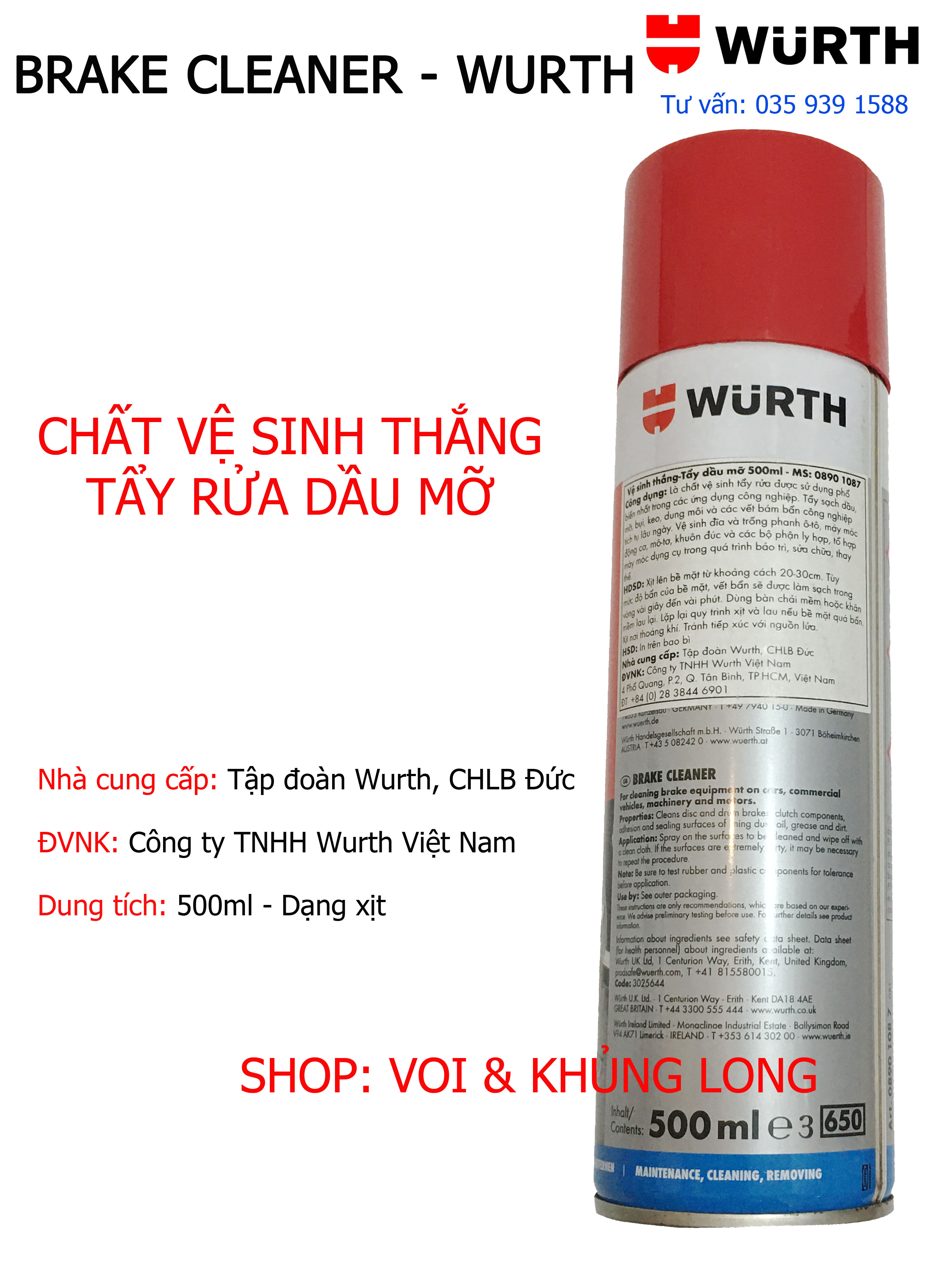 Chất vệ sinh phanh, tẩy rửa dầu mỡ - Wurth (CHLB Đức)