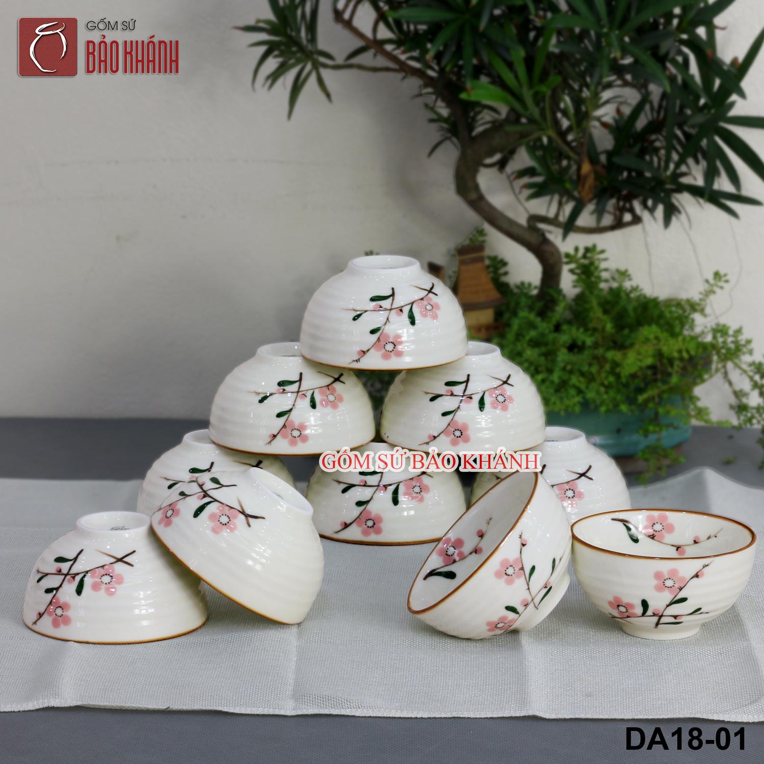 Bát ăn cơm men kem vẽ hoa đào - bộ bát cơm, chén cơm, chén ăn cơm cao cấp
