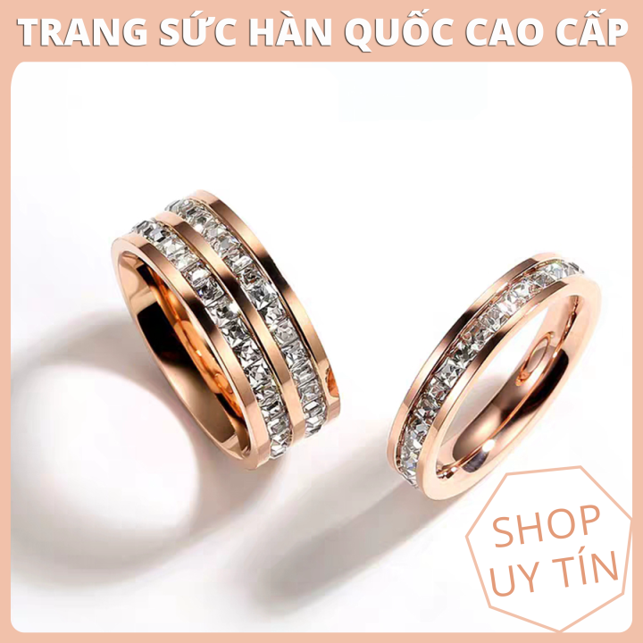 Nhẫn Đôi Nam Nữ Titan Cao Cấp Ko Đen Đính 2 Hàng Đá