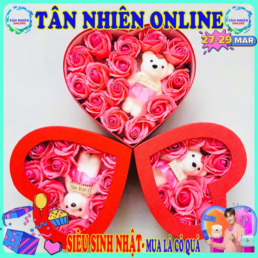 Quà tặng người yêu 20/10 , Hộp quà tặng người yêu hình trái tim, đính kèm gấu siêu Cool, hộp đỏ bông hồng sáp thơm dễ chịu