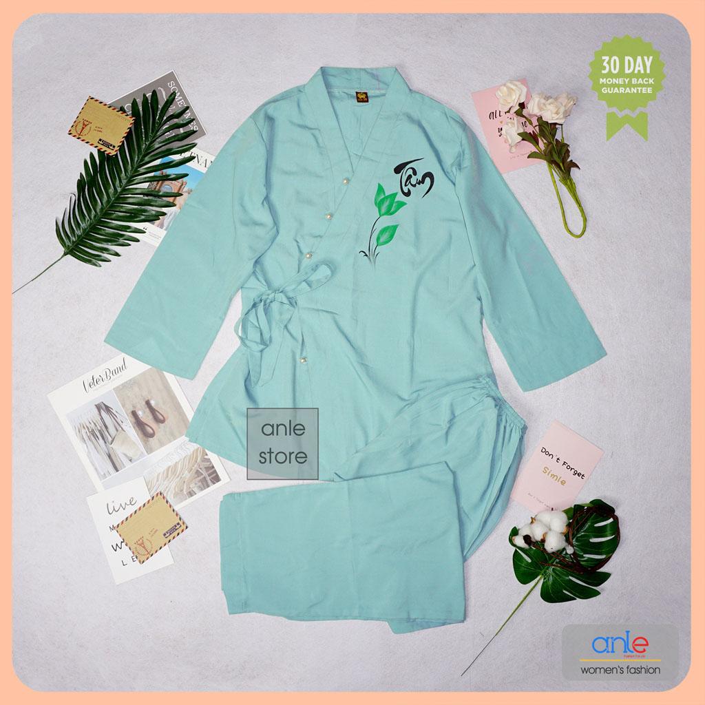 Đồ lam đi chùa nữ Bộ Thư Pháp Vạt Chéo, Đồ bộ đi chùa Tay lỡ dây buộc vùng bụng thay đổi kích thước, Bộ đồ đi chùa Vải Kate Cotton mịn Thoáng mát, Bộ đồ lam Quần áo Phật tử Thanh lịch Kín đáo khi đi lễ chùa - BTP1AN (Nhiều màu) - Anle Store