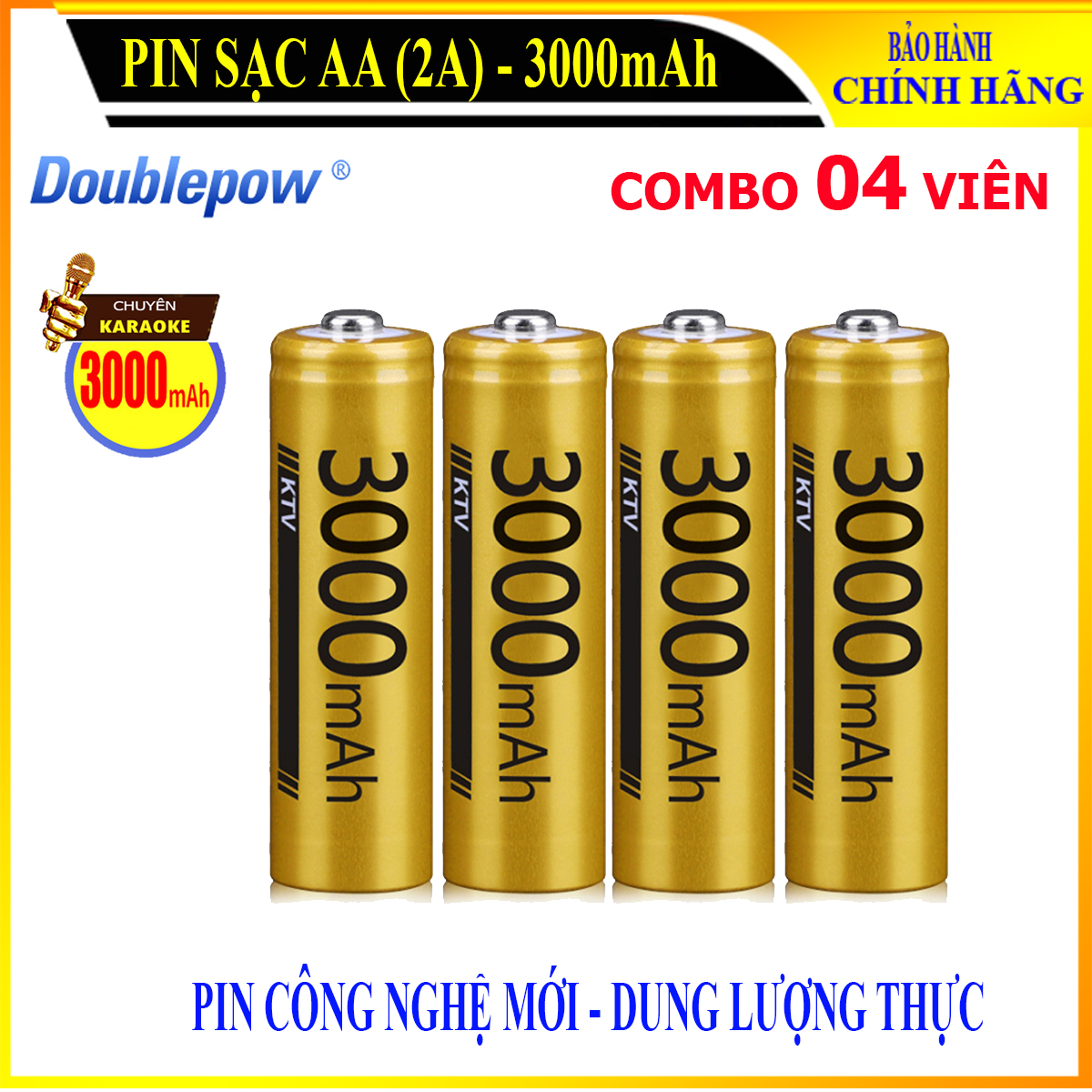 [Combo 4 viên] Pin sạc AA 3000mAh Doublepow -Pin cao cấp chuyên dụng cho Micro Karaoke  - (pin màu vàng) - Bảo hành chính hãng