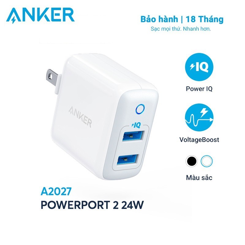Sạc ANKER PowerPort II 2 cổng PowerIQ 24W - A2027 - Hàng Chính hãng