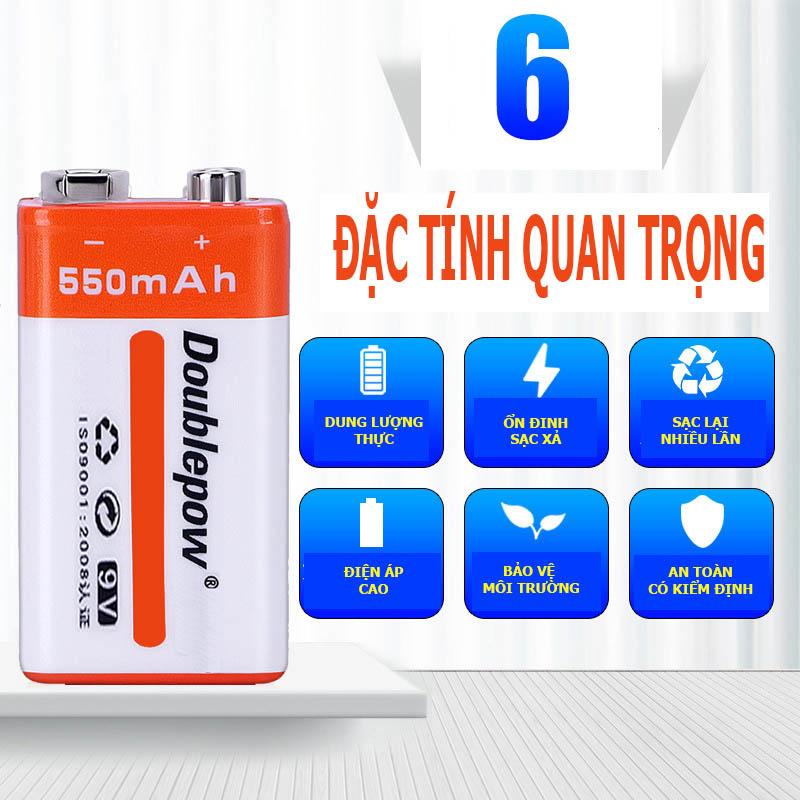 Pin sạc 9V 6F22 -  550mAh (loại pin vuông) Doublepow - Pin chuẩn