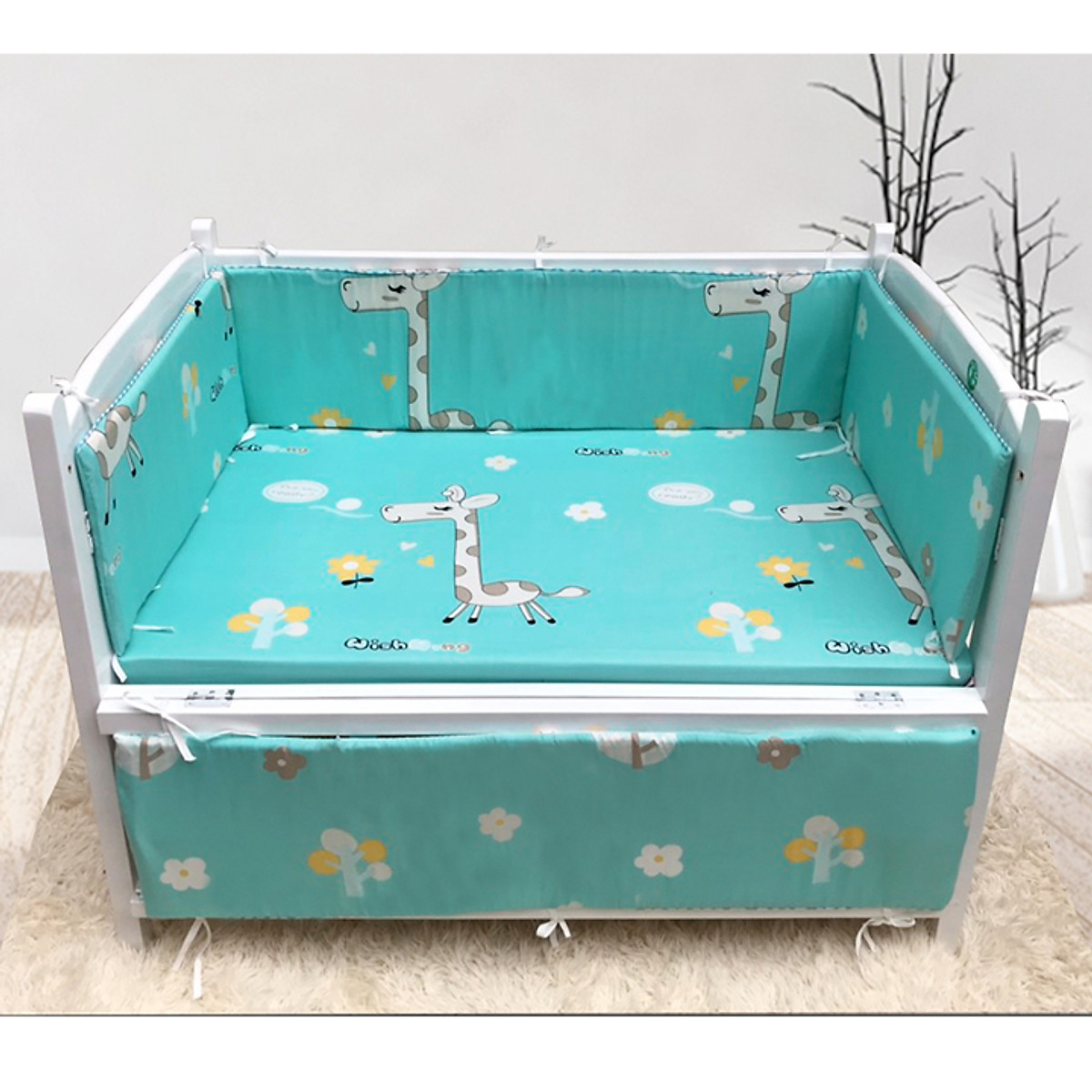 Bộ quây cũi và ga vải xe lửa trắng kt 70x120