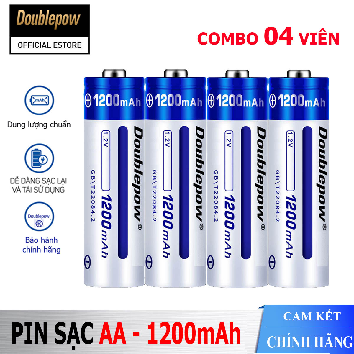 [Combo 4 viên] Pin tiểu sạc AA 1200mAh Doublepow cao cấp (pin xanh) - Bảo hành chính hãng