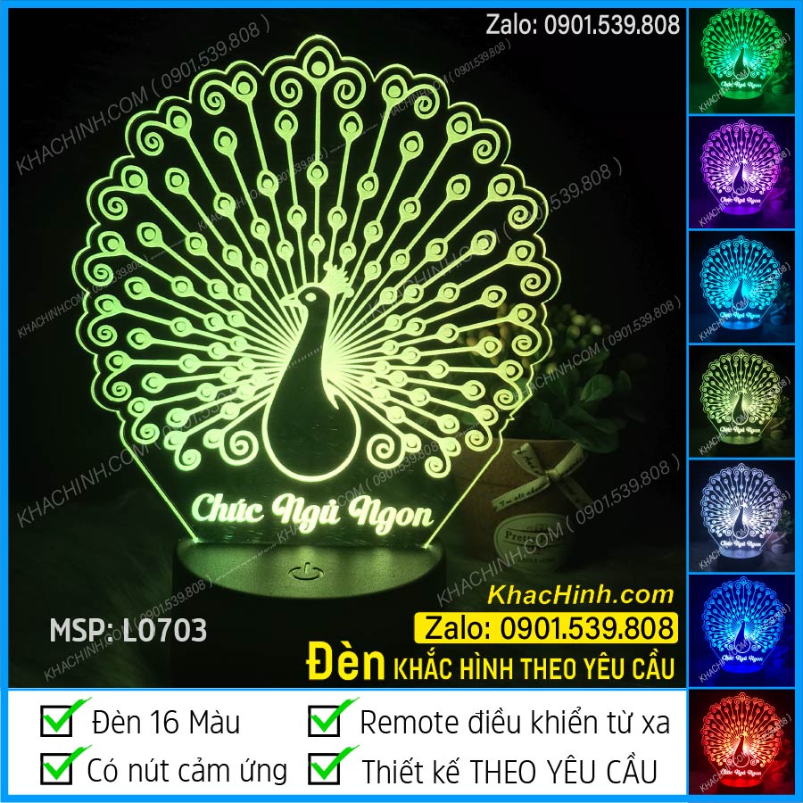 Đèn khắc laser theo yêu cầu con công chúc ngủ ngon msp: l0703 -1w nhận làm theo yêu cầu