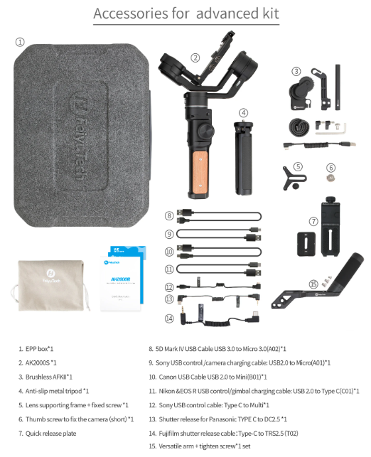 AK2000S (Advanced Kit) 3-Axis Stabilized Handheld Gimbal cho máy ảnh DSLR, MIRRORLESS Phiên bản mới 2020