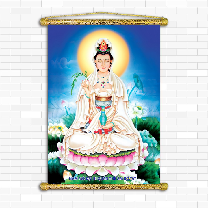 [HCM]Tranh Liễn Phật Giáo - Quan Thế Âm Bồ Tát Vải canvas cao cấp nẹp sáo gỗ tự nhiên tặng vòng tay phật giáo KT: 50x75 cm