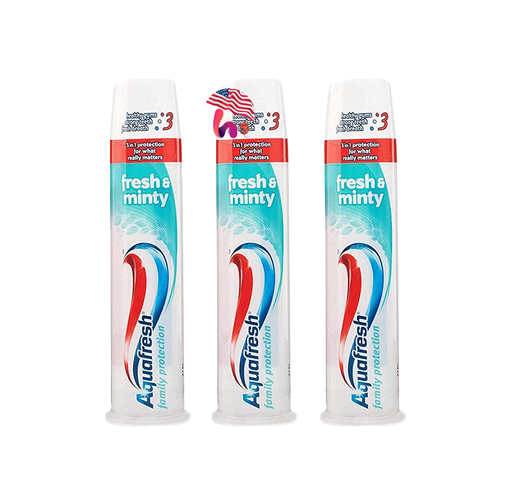 Kem đánh răng Mỹ Aquafresh Fresh & Minty được ưa chuộng (dạng ống tiện dụng).