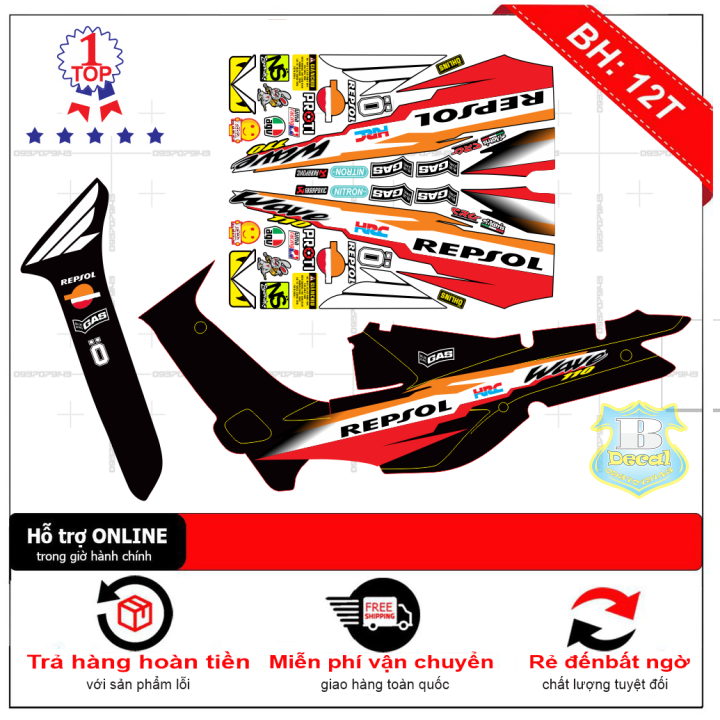 Tem rời wave nhỏ đời đầu repsol dán xe đen
