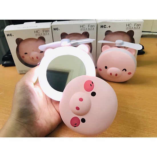Quạt mini con heo có gương kèm đèn LED siêu cưng