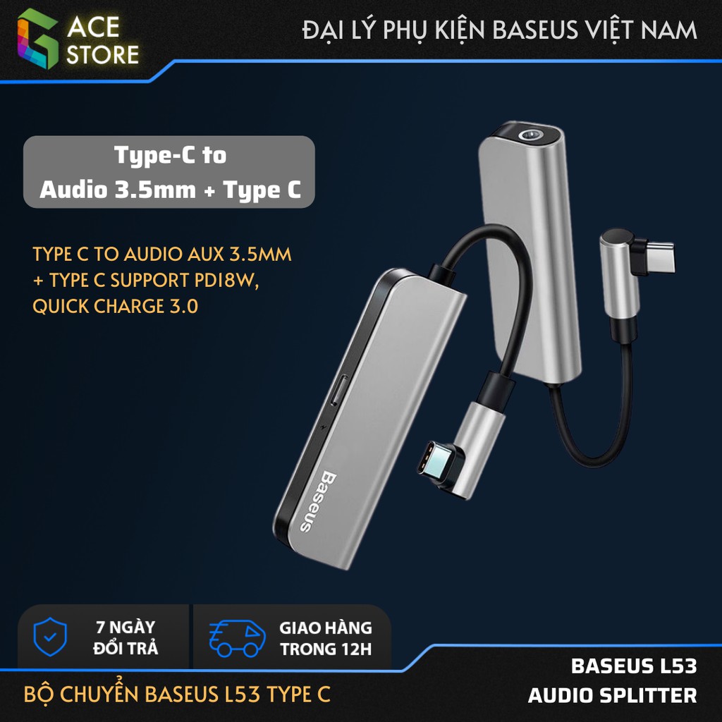 Bộ chuyển Baseus L53 Type C Audio Splitter ( Type C to Audio AUX 3.5mm + Type C Support PD18W, Quick Charge 3.0)