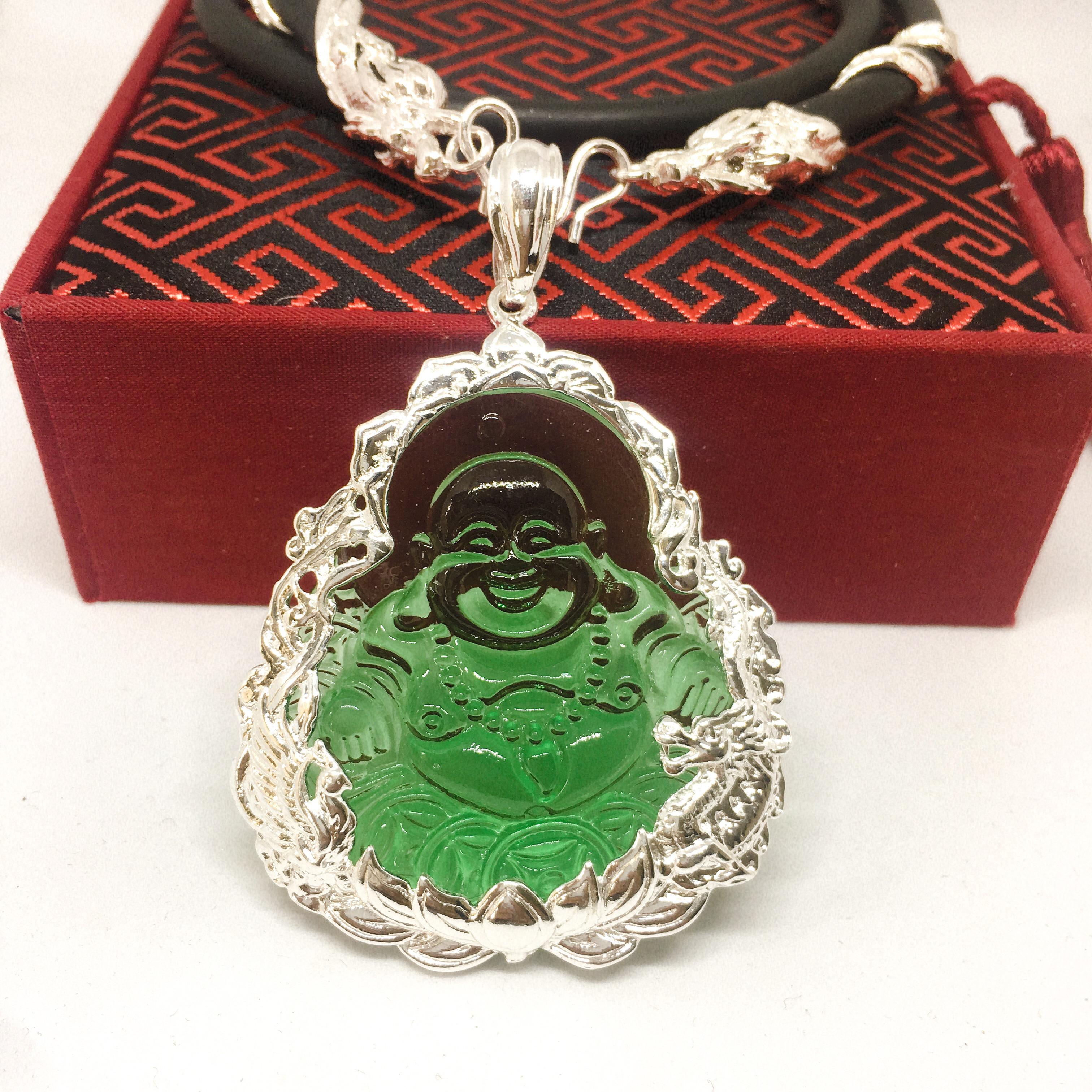 Trang Sức Bạc Vòng Cổ Phong thủy Mặt Mặt Di Lạc Đá Obsidian Xanh Song Long Bạc Thái Cao Cấp | Jewelry Bảo Tín (dây và mặt) ( Màu bạc)