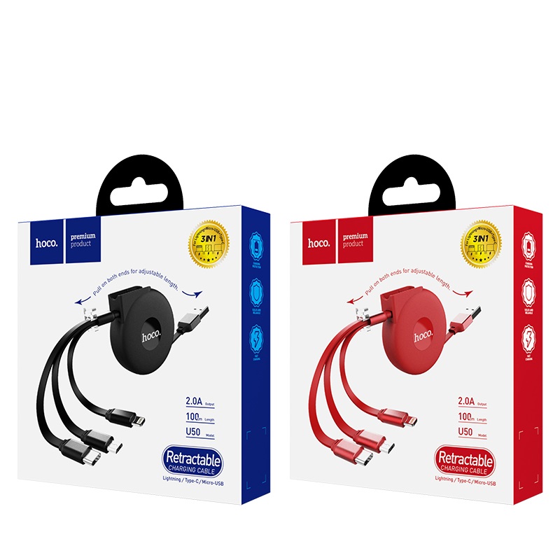 Cáp sạc nhanh 2A Hoco U50 - 3 đầu cao cấp dạng rút