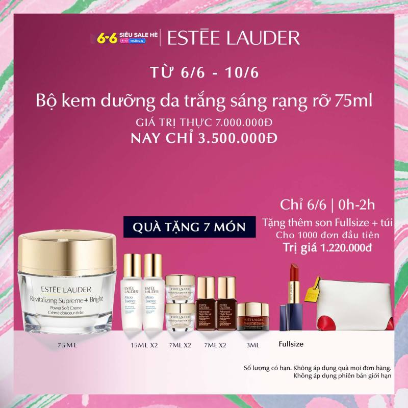 [ĐỘC QUYỀN 06.06-10.06][MỚI] Bộ 8 món: Kem dưỡng trắng và chống lão hóa Estee Lauder Revitalizing Supreme+Bright Power Soft Crème 75ml, 2 Micro Essence 15ml, 2 ANR 7ml, 2 Kem dưỡng 7ml, Kem mắt 3ml (Giá trị thực: 7,000,000vnd) giá rẻ
