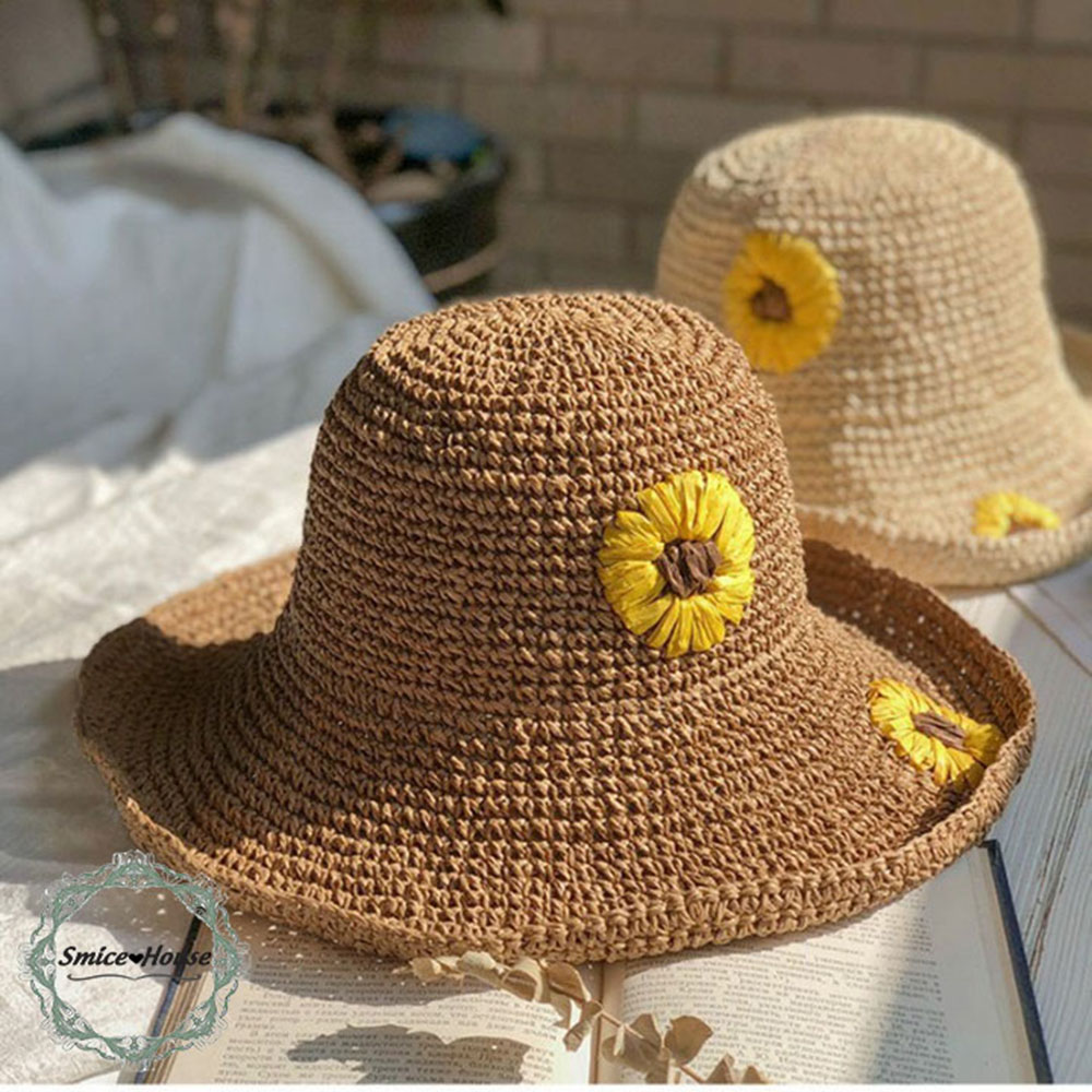 [HCM]Nón cói mềm thêu hoa hướng dương đi biển mũ cói daisy vành rộng có thể gấp gọn có dây điều chỉnh size