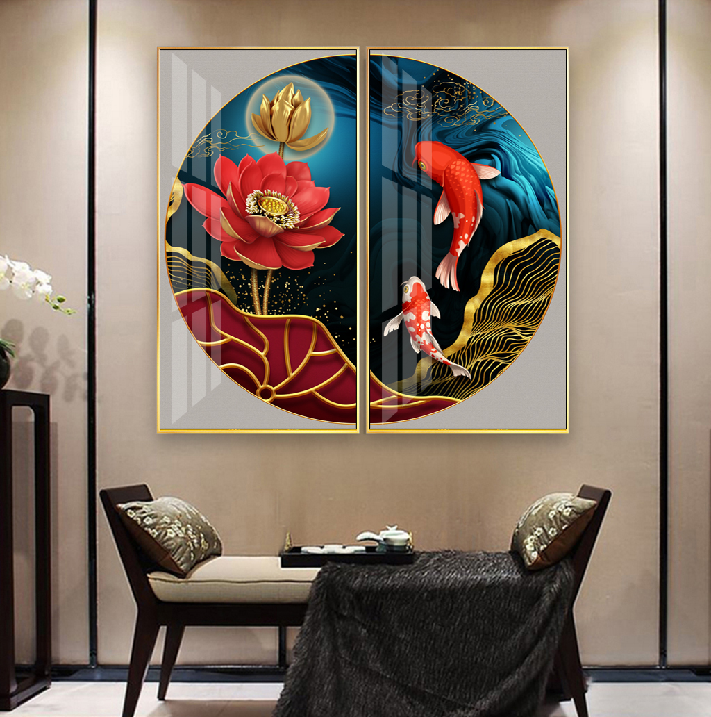 Tranh trang trí phòng khách Bộ 2 tranh Cá Koi và Hoa sen BK20003