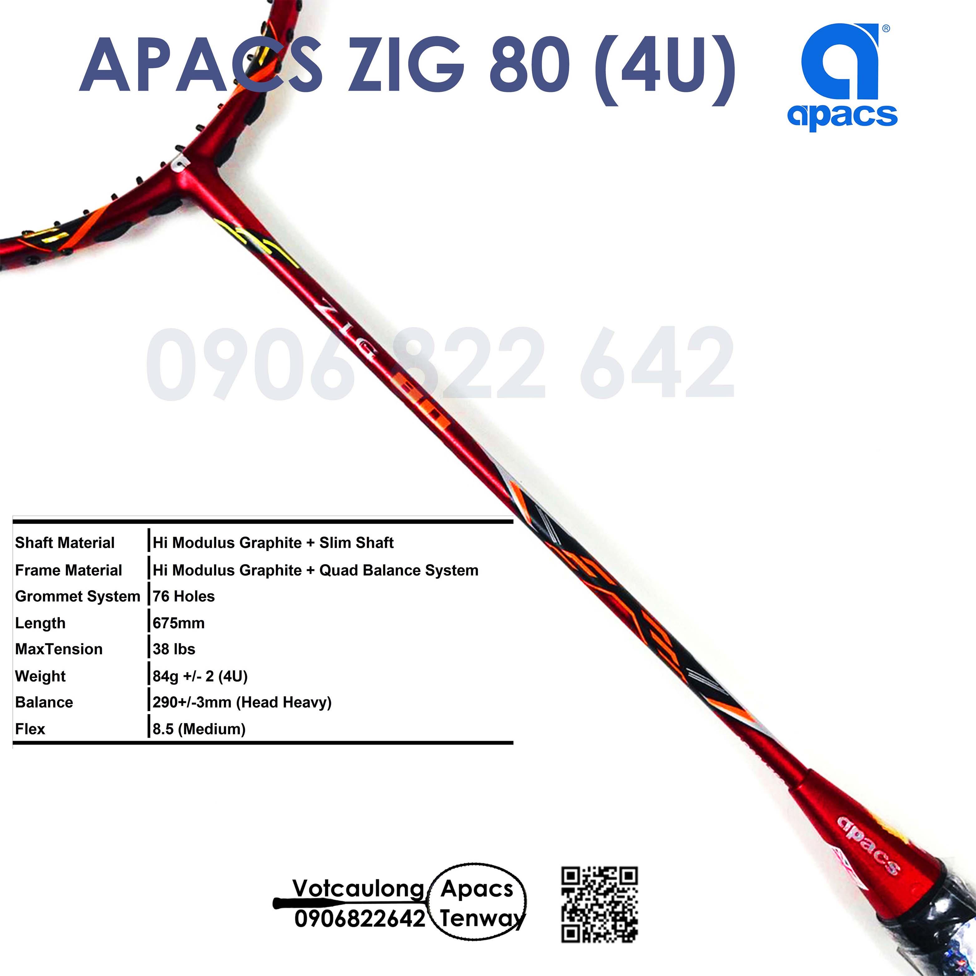 [HCM]Vợt cầu lông Apacs Zig 80 - 4U | Thân đũa linh hoạt, mặt vợt to, trang bị thêm bộ gen trợ lực