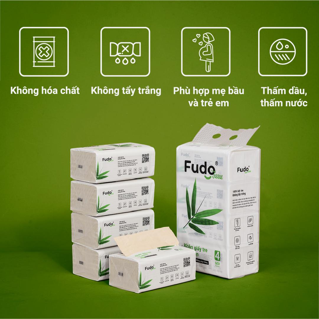 Khăn giấy tre Fudo - 4 gói giấy rút- Giấy ăn Fudo 100% bột tre