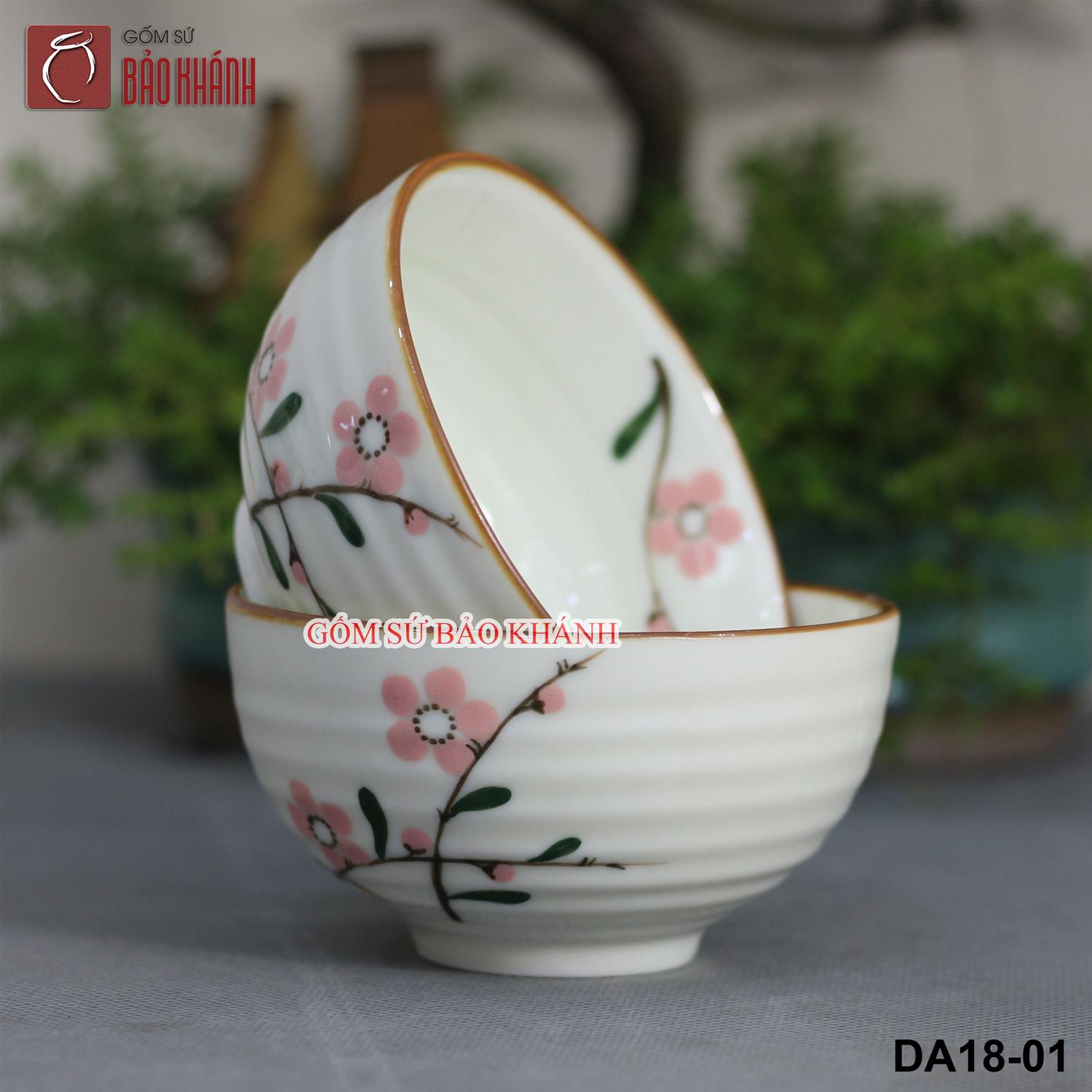 Bát ăn cơm men kem vẽ hoa đào - bộ bát cơm, chén cơm, chén ăn cơm cao cấp