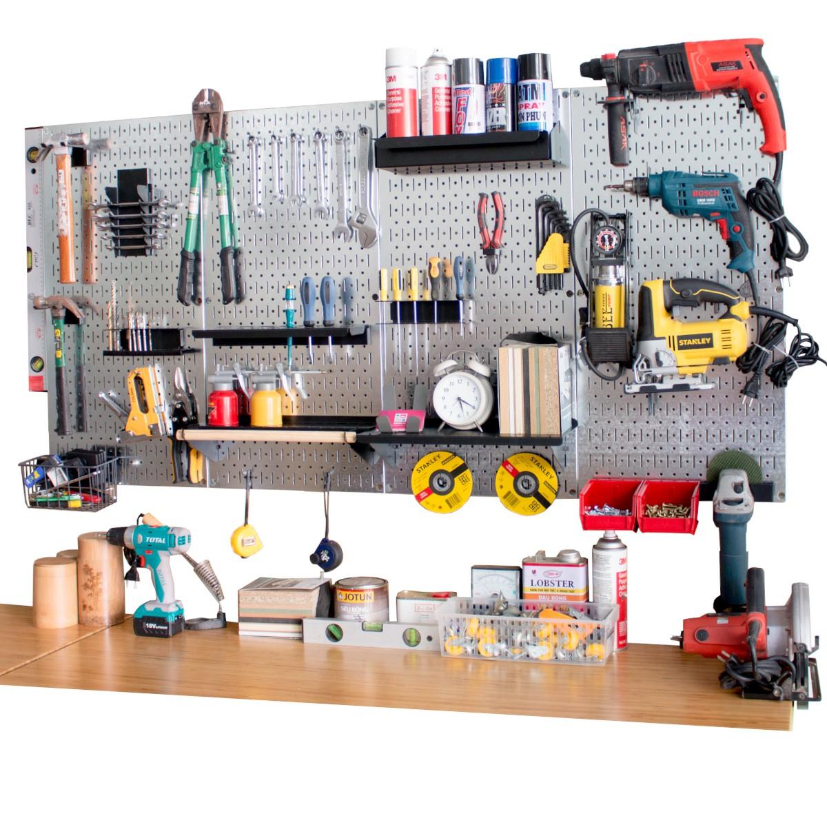 Bảng treo dụng cụ Pegboard cơ khí SMLIFE WB4 - Mô đun 4 Bảng mạ kẽm dày 12mm + bộ móc treo sơn tĩnh điện màu đen - Lưu trữ dụng cụ trực quan dễ tìm kiếm - Combo dành cho gia đình
