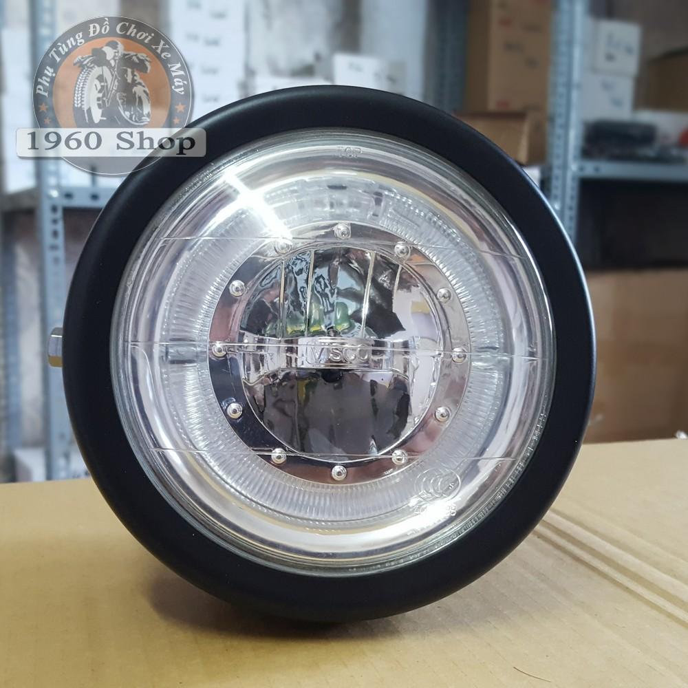 đèn led xe máy - Đèn pha kính trắng led viền xanh gáo đèn vỏ kim loại màu đen sơn tĩnh điện, kính thủy tinh Phù hợp độ Cafe Racer Tracker Win 67 Dream CUB và các loại xe máy