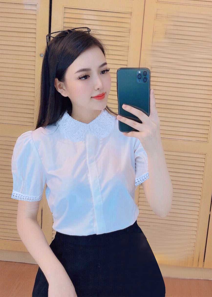 Áo sơ mi nữ công sở cộc tay cổ phối ren