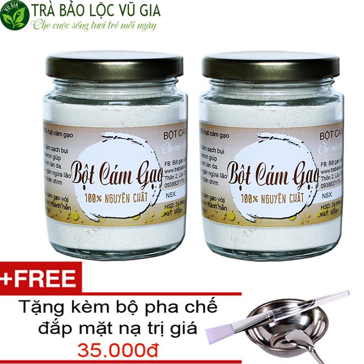 Combo 2 Bột Cám Gạo Nguyên Chất Vũ Gia (100g/hũ) + Tặng Bộ đắp mặt nạ inox cao cấp - Đắp mặt nạ dưỡng da, tẩy tế bào chết, se khít lỗ chân lông, đánh bay mụn ẩn