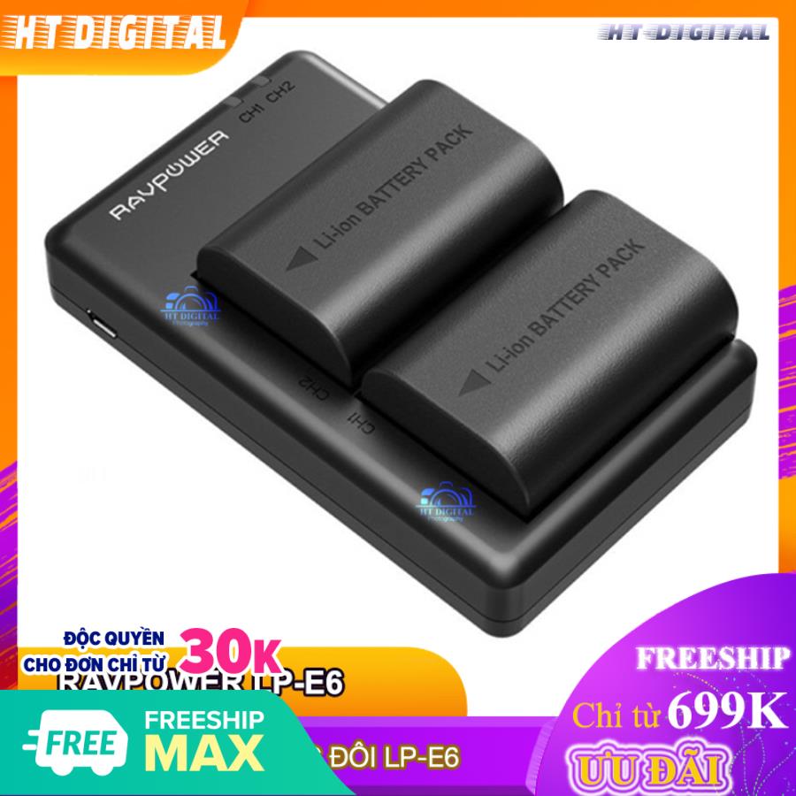 Bộ 2 pin và sạc đôi ravpower lp-e6 cho canon 5d ii 5d iii 60d 70d 7d 80d5d mark iv
