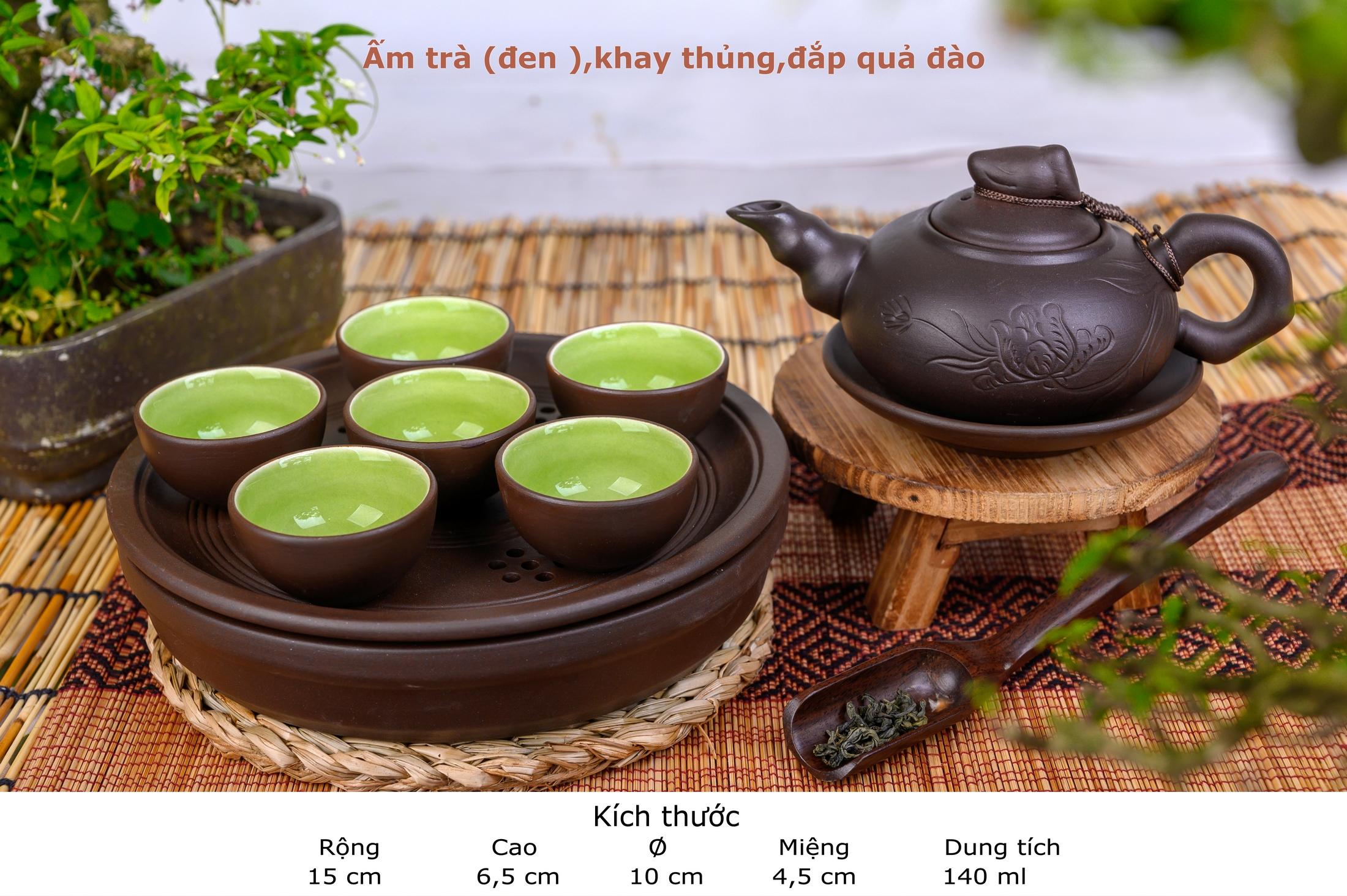 Bộ ấm chén tử sa cao cấp Bát Tràng Trường Thọ đắp nổi quả đào men đen lòng xanh