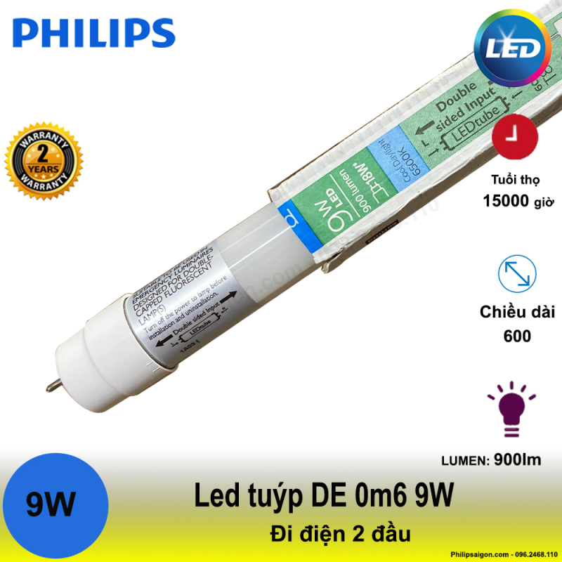 (Bộ 5) bóng Led tuýp Philips DE 0m6 9W - điện đi 2 đầu, sử dụng dòng điện trực tiếp, tiết kiệm điện đến 55% - bảo hành 24 tháng