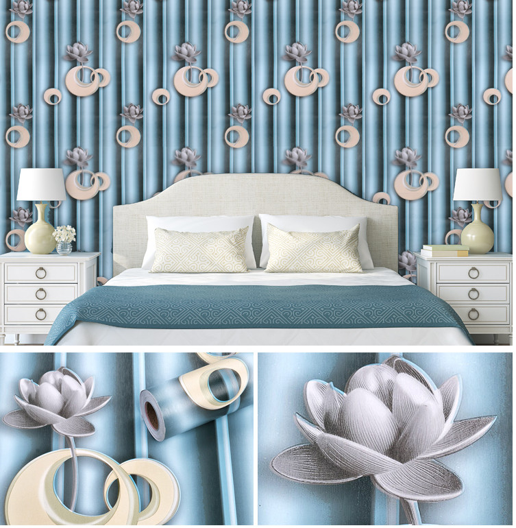 Cuộn giấy dán tường phòng ngủ 20m x 0.45 m hoa sen đá sọc xanh keo sẵn bóc dán a016a