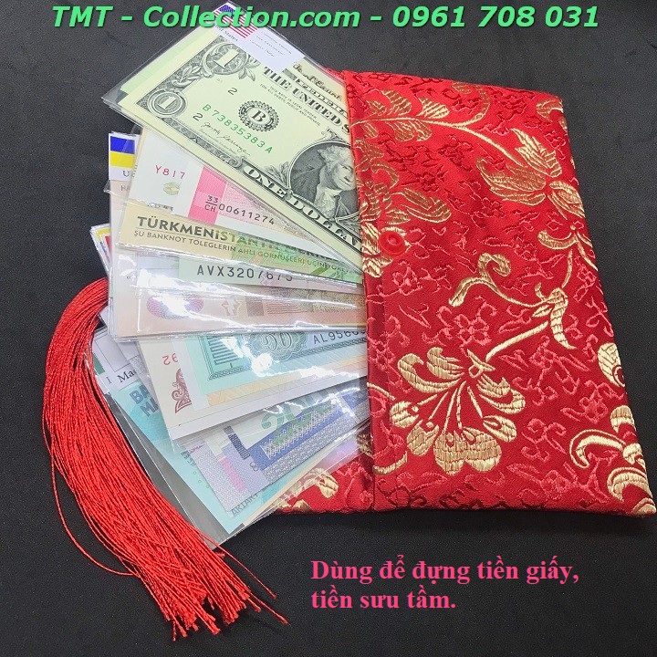 Túi gấm đỏ dây treo đựng tiền lì xì Kích thước 18,5x11x1cm, màu đỏ dùng để làm quà tặng, biếu, để đựng tiền lì xì, bao lì xì - TMT Collection - SP001806
