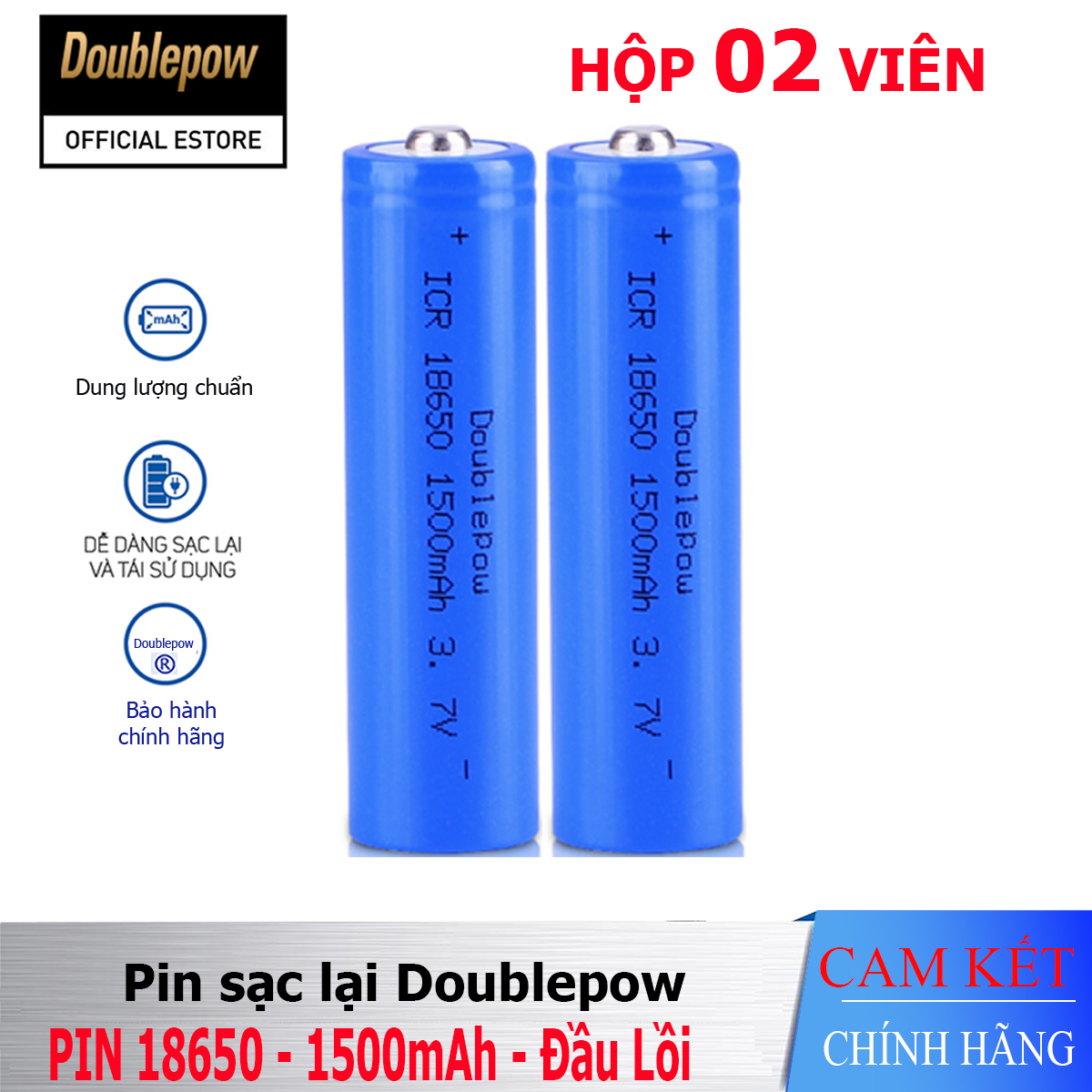 [Hộp 02 viên] Pin sạc Lithium 18650 - 1500mAh đầu lồi Doublepow, pin dung lượng thực