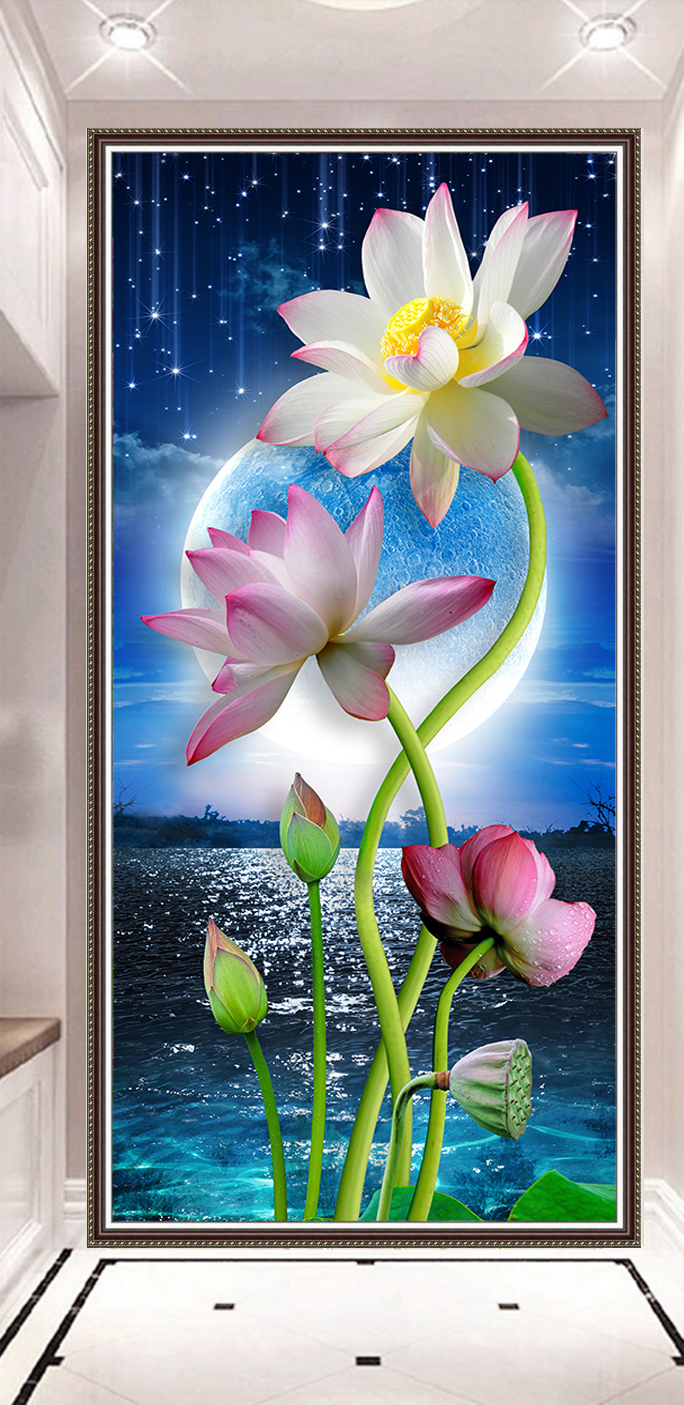 Tranh 3D dán tường hoa sen mặt trăng