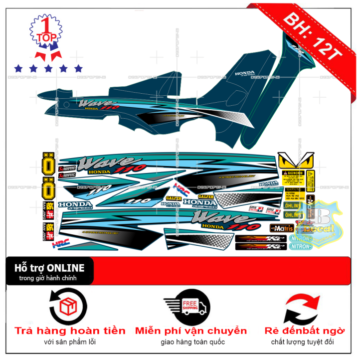Tem rời wave nhỏ đời đầu dán xe xanh nhớt