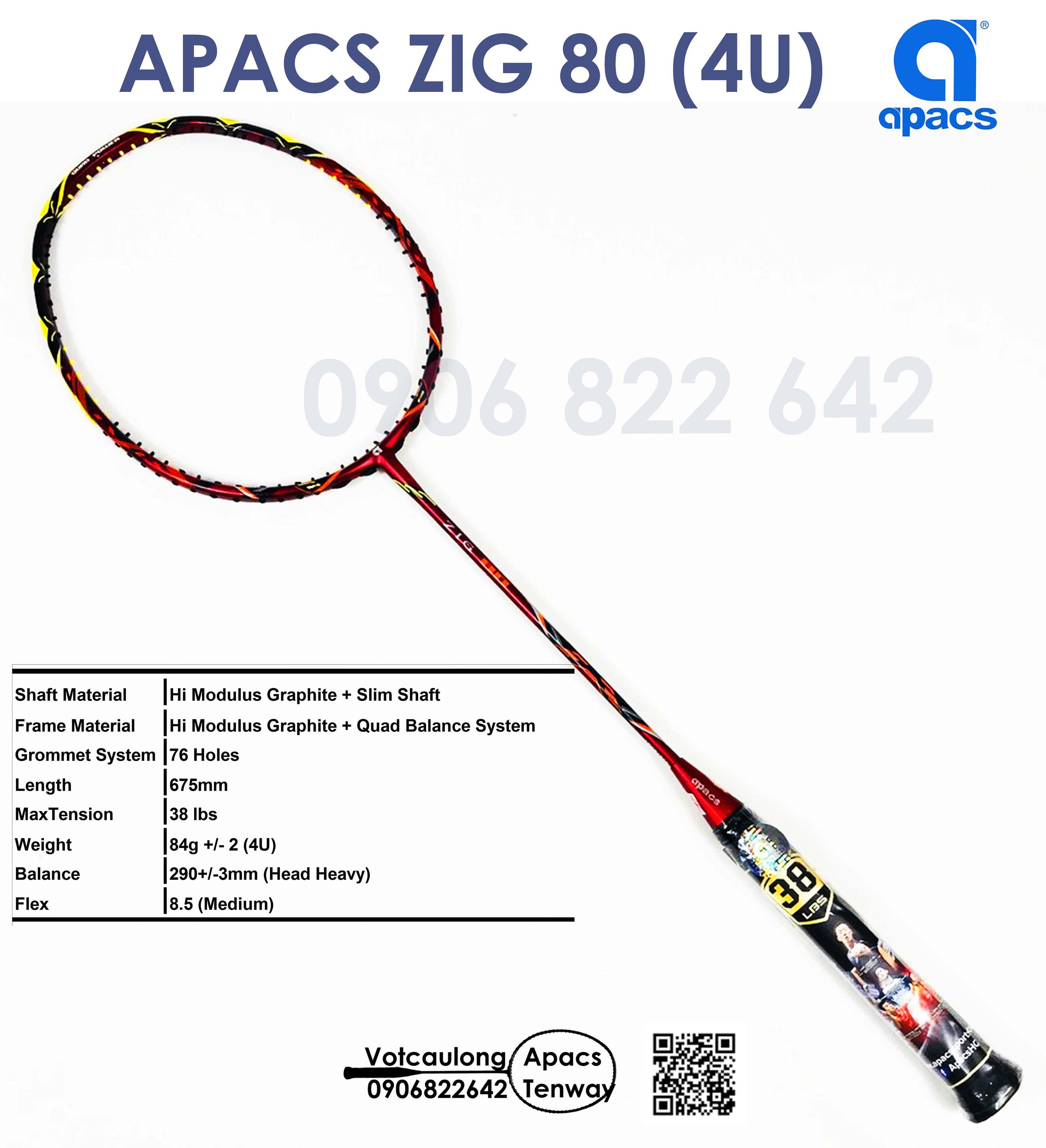 [HCM]Vợt cầu lông Apacs Zig 80 - 4U | Thân đũa linh hoạt, mặt vợt to, trang bị thêm bộ gen trợ lực