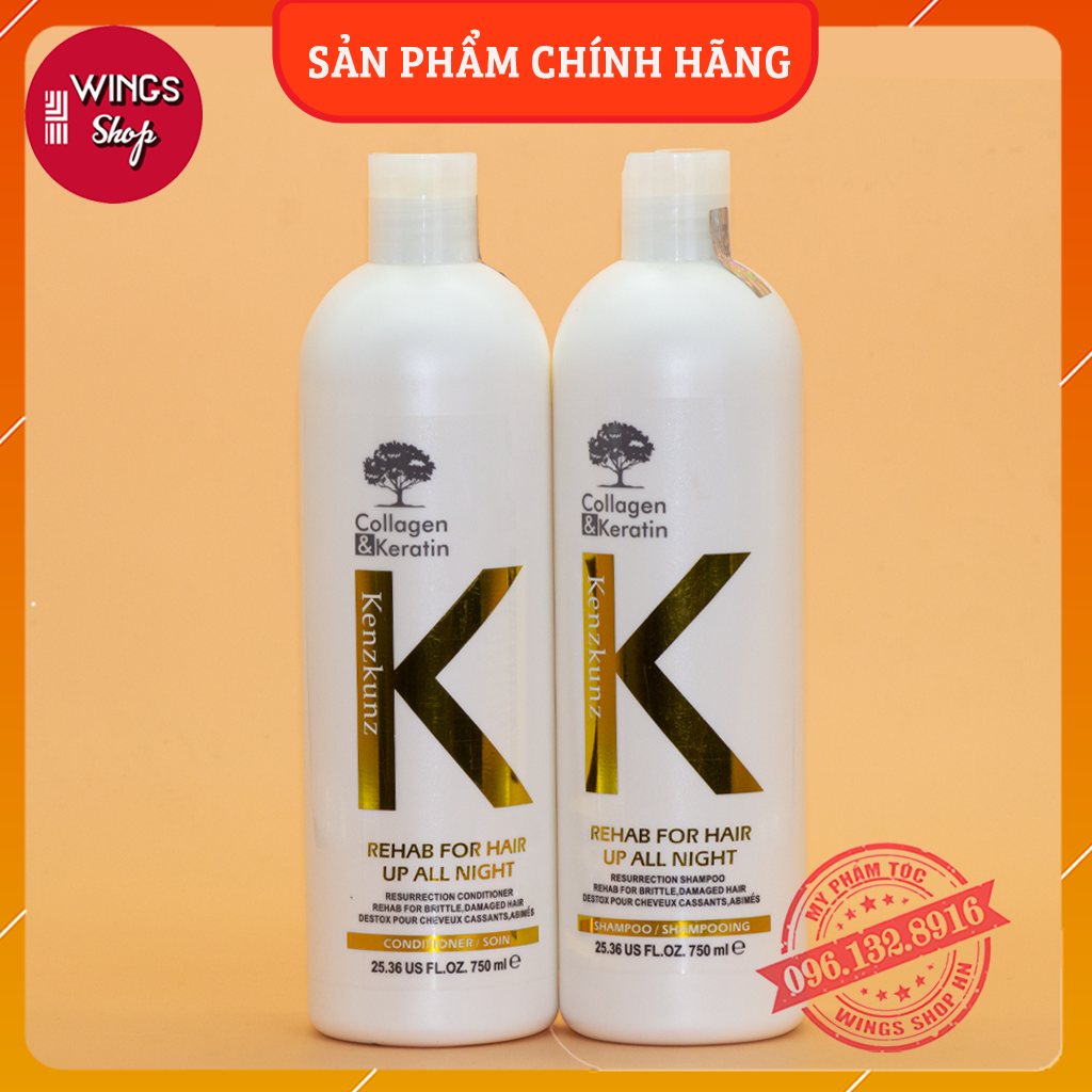 Cặp Dầu Gội Xả Kenz Collagen & Keratin 750ML | Phục Hồi Tóc Khô, Xơ, Rối, Xỉn Màu | Hàng Chính Hãng