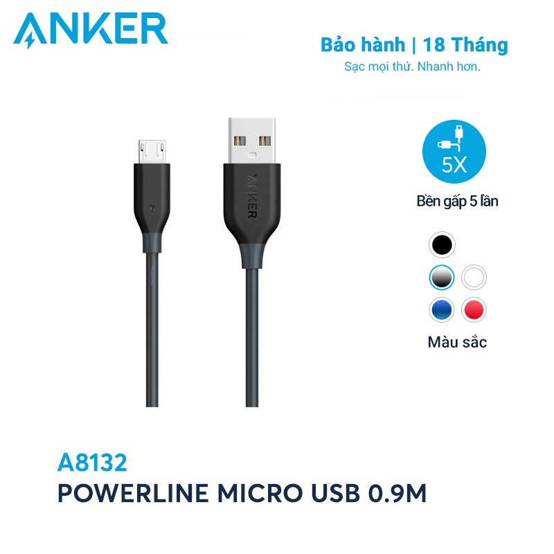 - cáp sạc anker powerline micro usb dài 0.9m - a8132 - sử dụng cho các điện thoại android và các thiết bị dùng cổng sạc micro usb
