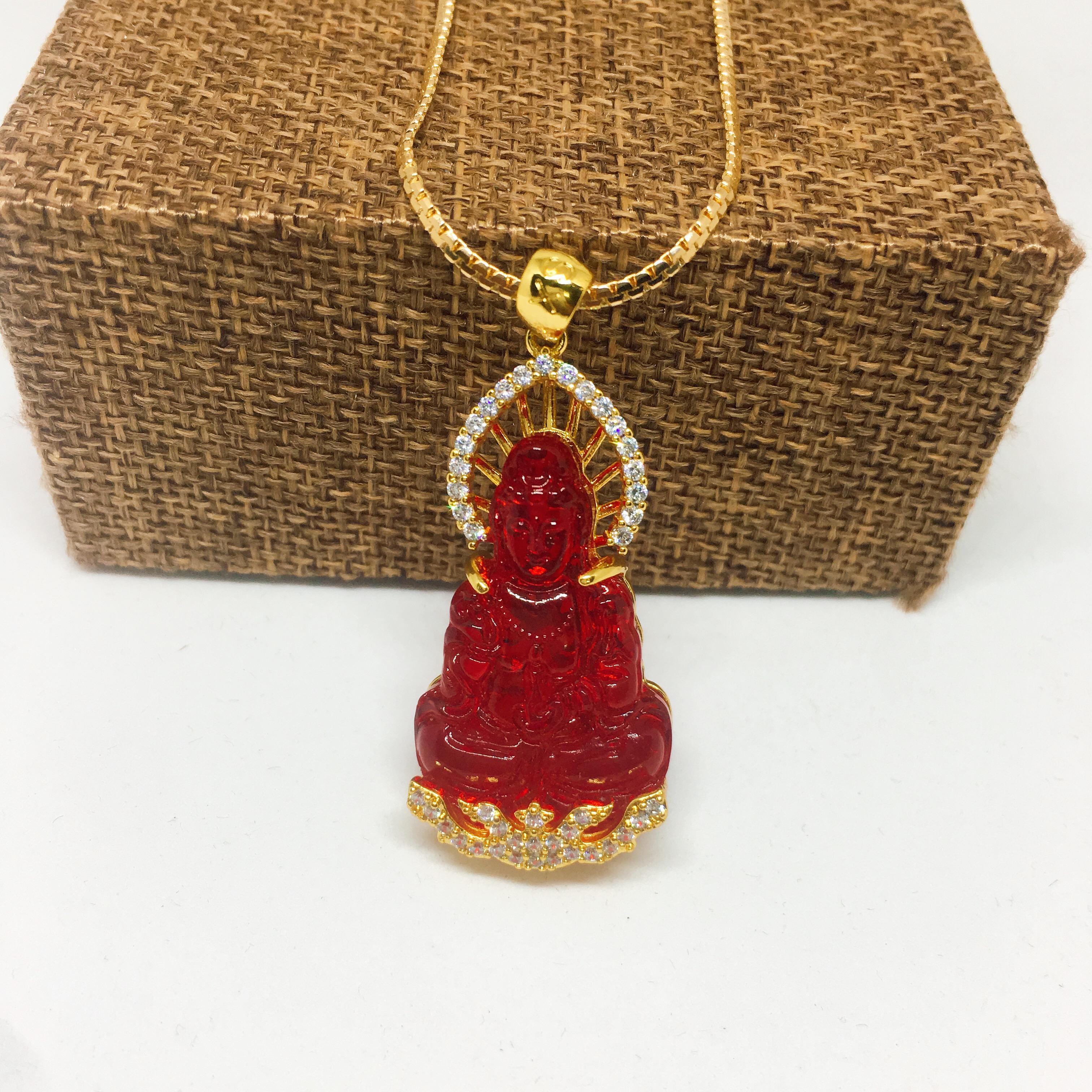 Qùa tặng bạn nữ Dây chuyền nữ mặt Quan Âm đá LAMASIA bọc bạc Thái mạ vàng đính đá, trang sức phong thủy, may mắn, tài lộc, trang sức cao cấp (dây và mặt) (màu đỏ)