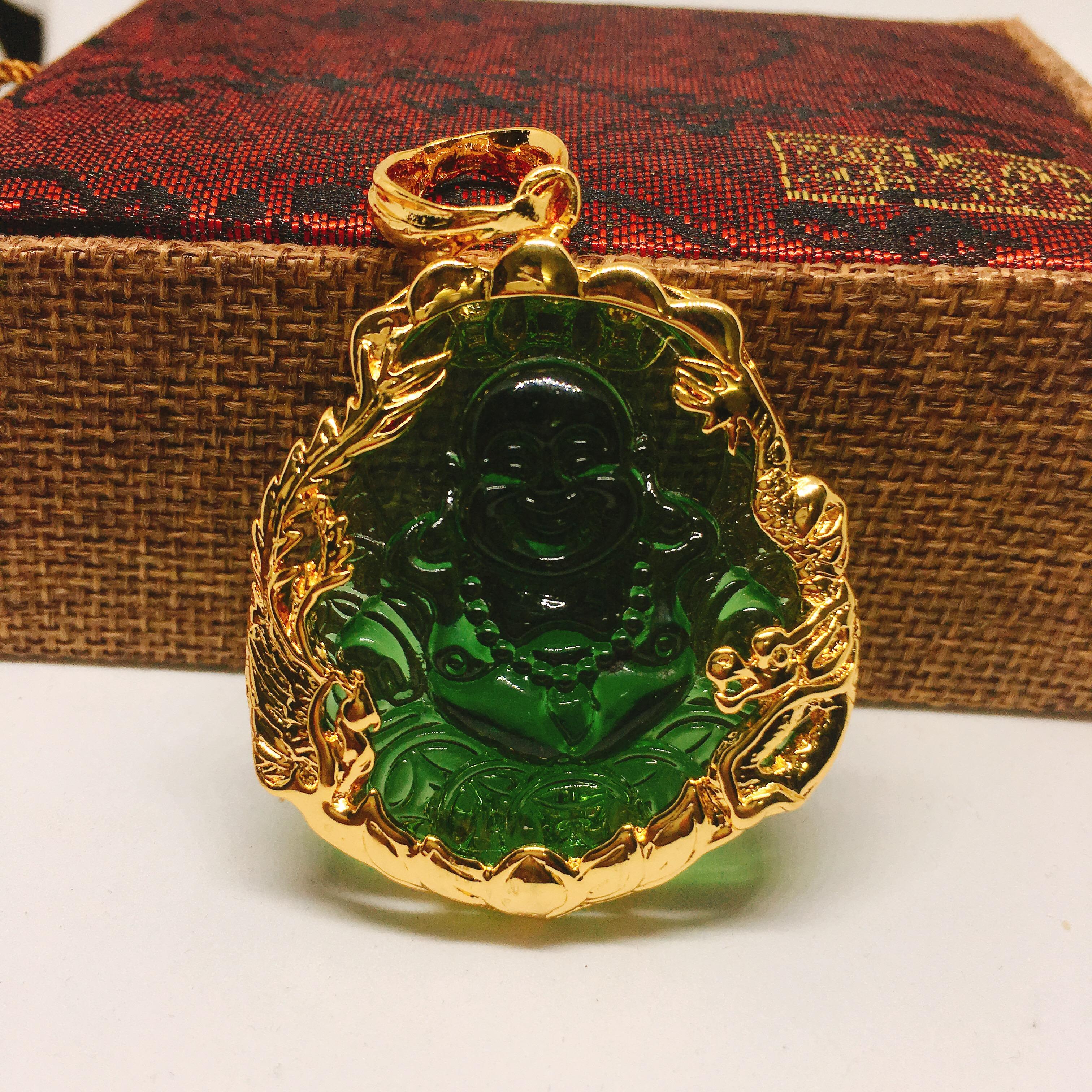 Mặt dây chuyền bạc Thái mạ vàng Di Lạc xanh Rồng Phượng, mặt vòng cổ phong thủy, mặt dây chuyền vàng ( màu vàng)