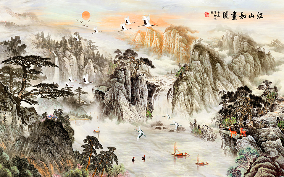 Tranh dán tường Cảnh Sơn Thủy trang trí bàn thờ nhiều kích thước CanhTho004